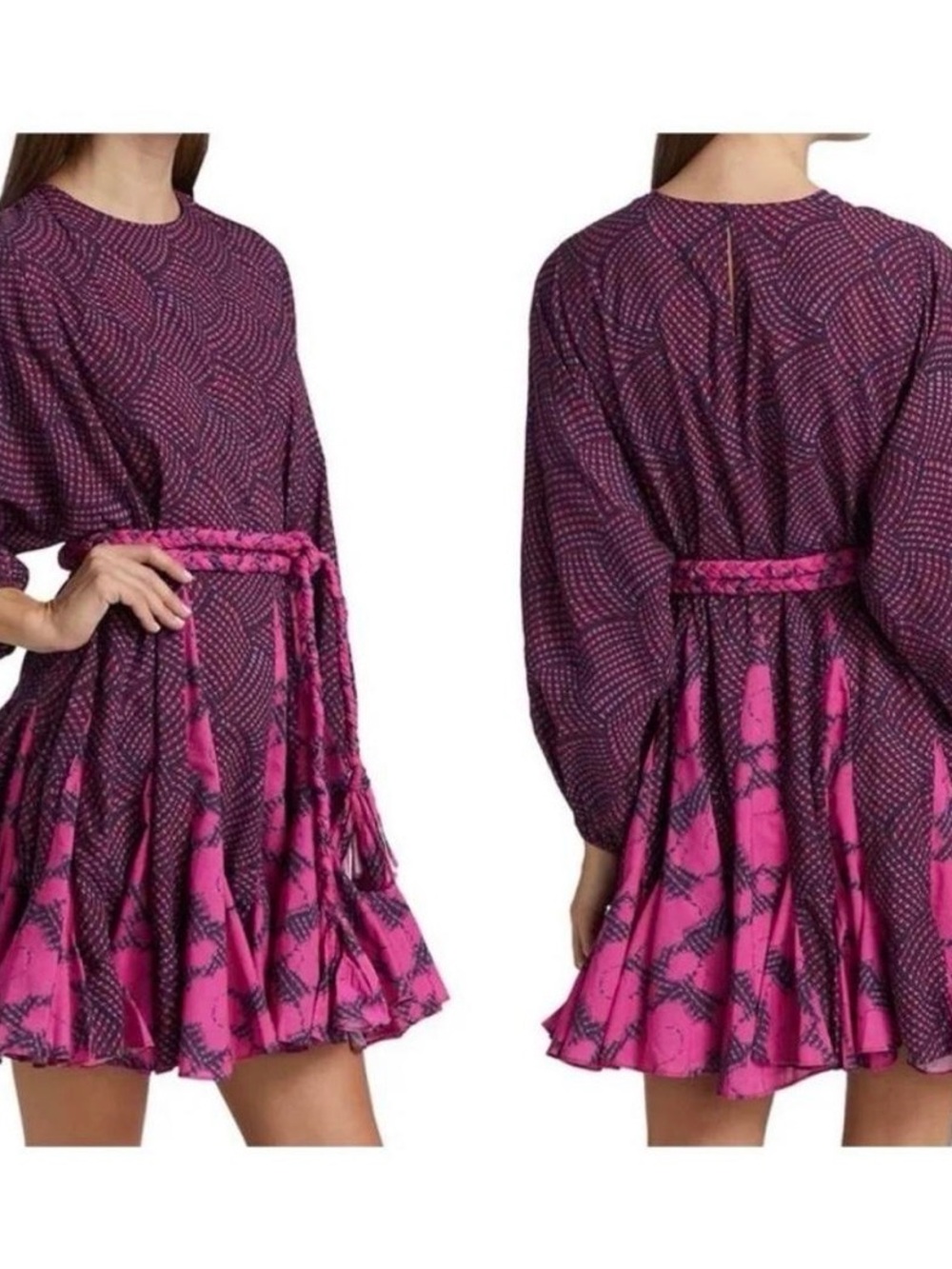 RHODE‎ Ella Purple and Fuchsia Printed Long-Sleeve Mini Dress size small